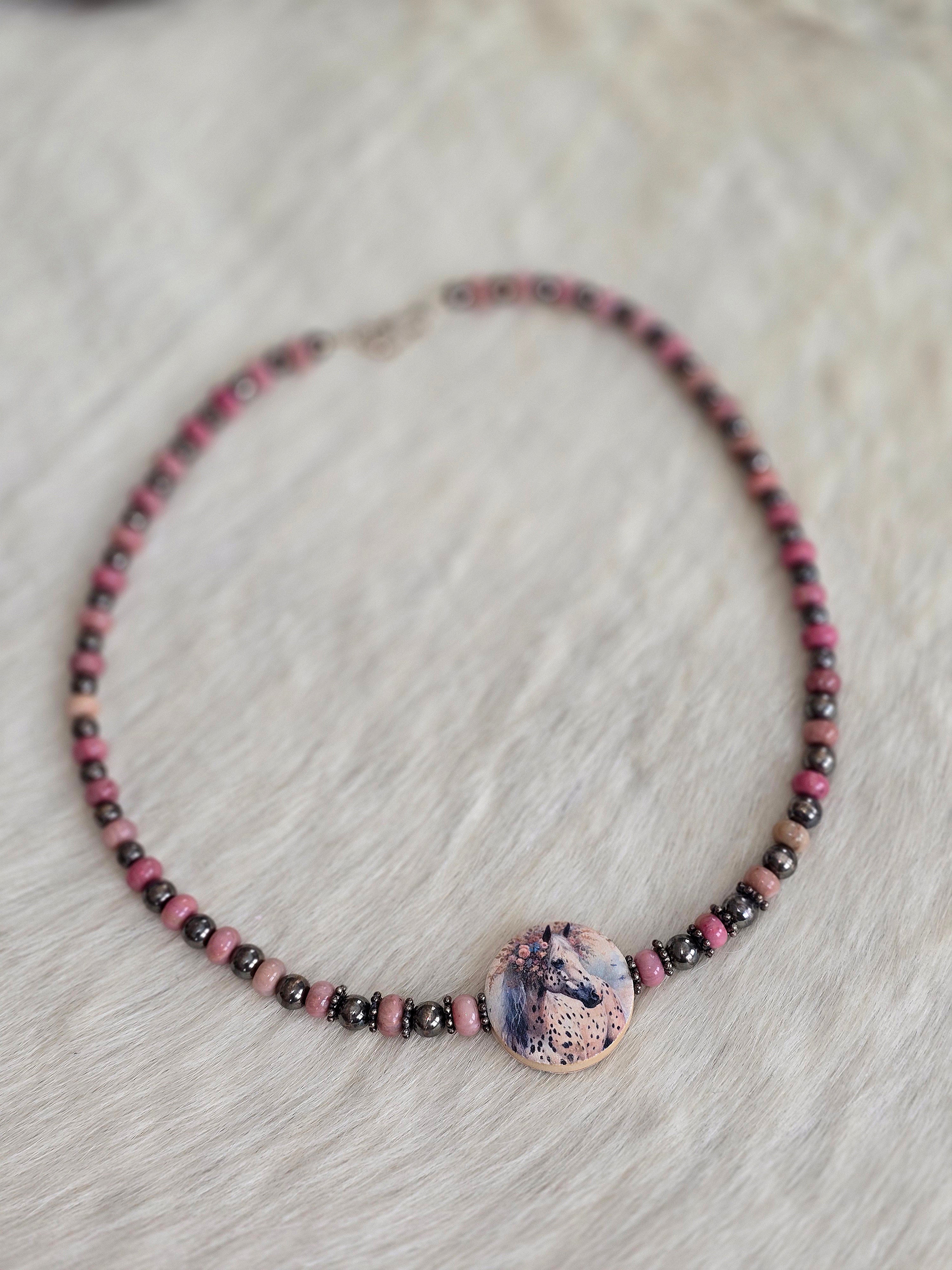Pink & Pearl Horse Necklace